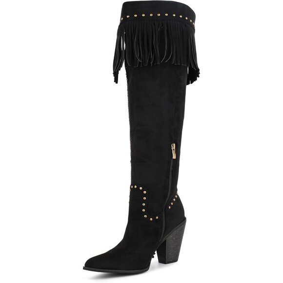 Women's Black Suede Pull On Classic Fringe Boots Knee High Boho Western Boots - Picture 5 of 7